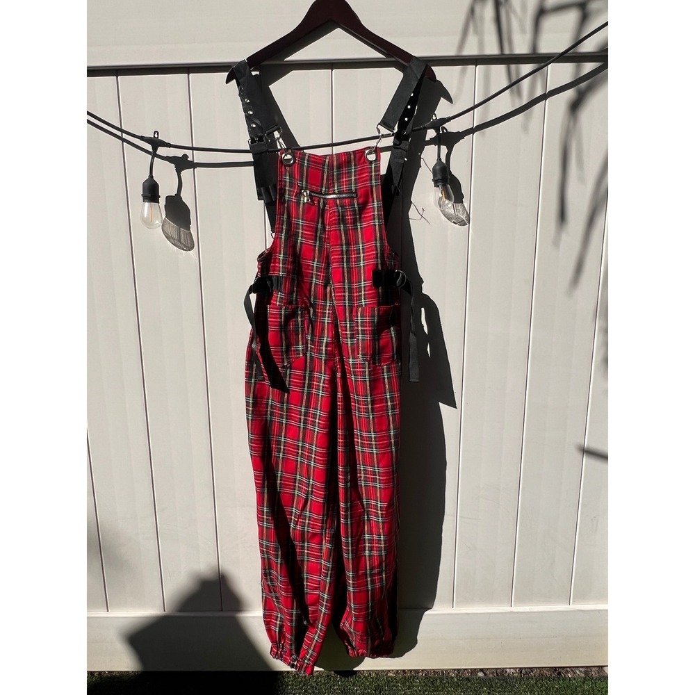 36 point 5 Red Plaid Punk Overalls Mens Small Tartan Buckle Strap Streetwear